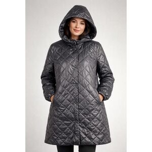 Eileen Fisher Quilted Hooded Coat Black Lightweight Polyester Rayon XS